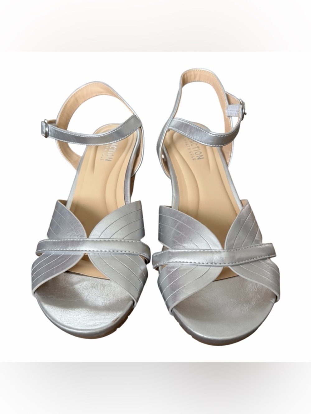 Kenneth Cole Reaction Silver Crisscross Wedge Sandals - Picture 2 of 9